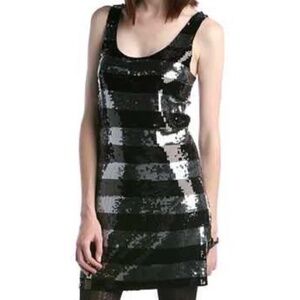 Betsey Johnson Vintage Sequin Black Silver Stripe Mini Dress Women's Size Medium